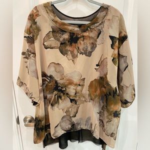 LISA BAYNE floral sheer layered mesh oversized blouse top shirt high low EUC